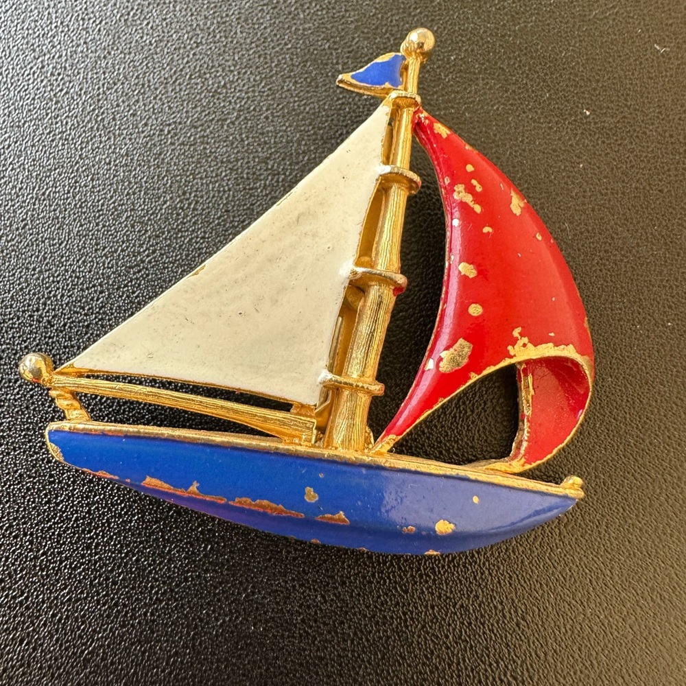 Vintage Sailboat Brooch with Red and Blue Sails